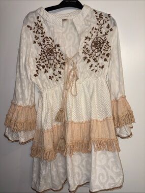 Boho Ivory Embroidered Tie-Front Women's Dress with Beige Trim